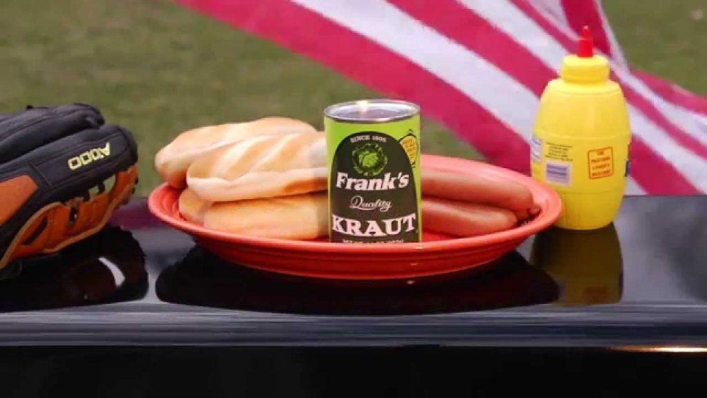 Babe Ruth style grilled dog with Frank’s Kraut