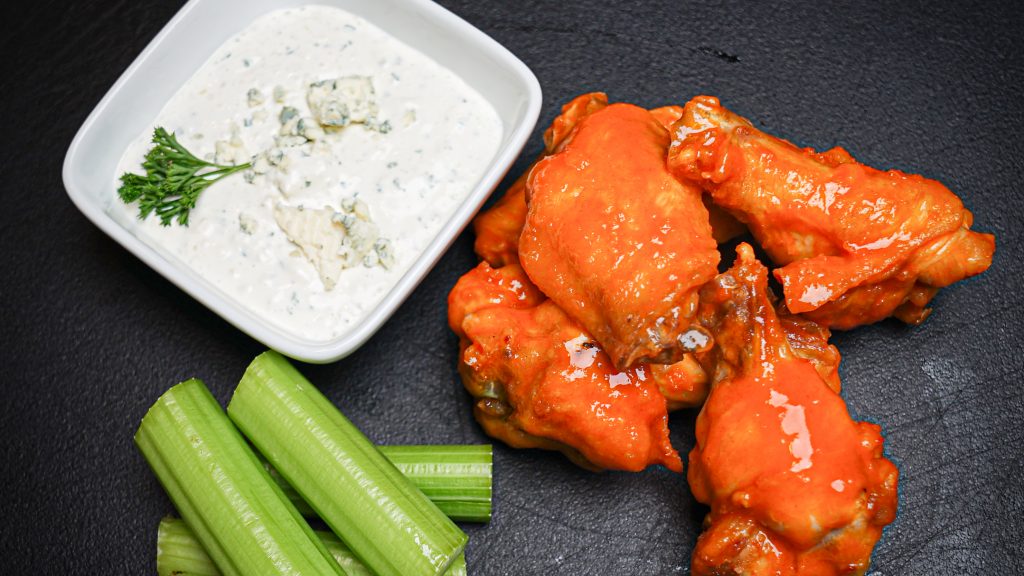 Buffalo Wings with Creamy Kraut and Bleu Cheese Dip