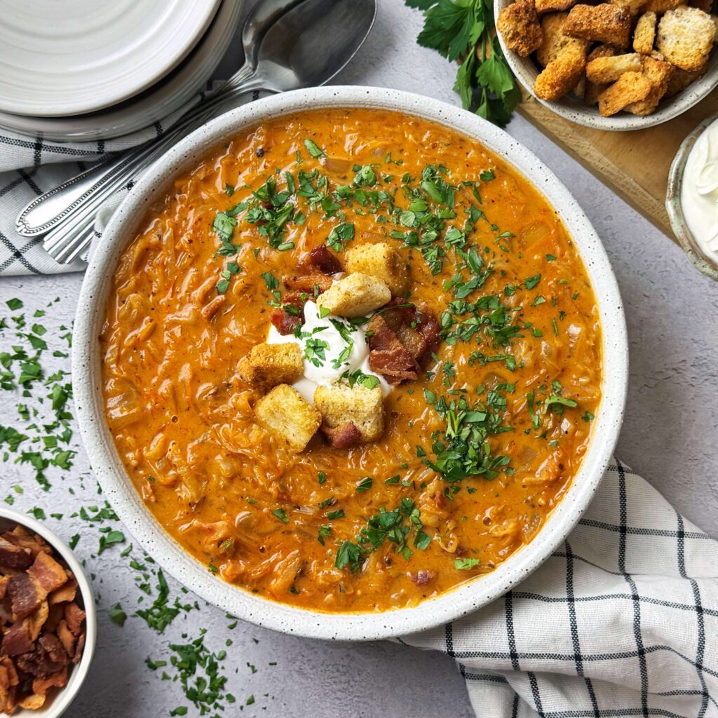 Bowl of German Style Sauerkraut Soup with Bacon