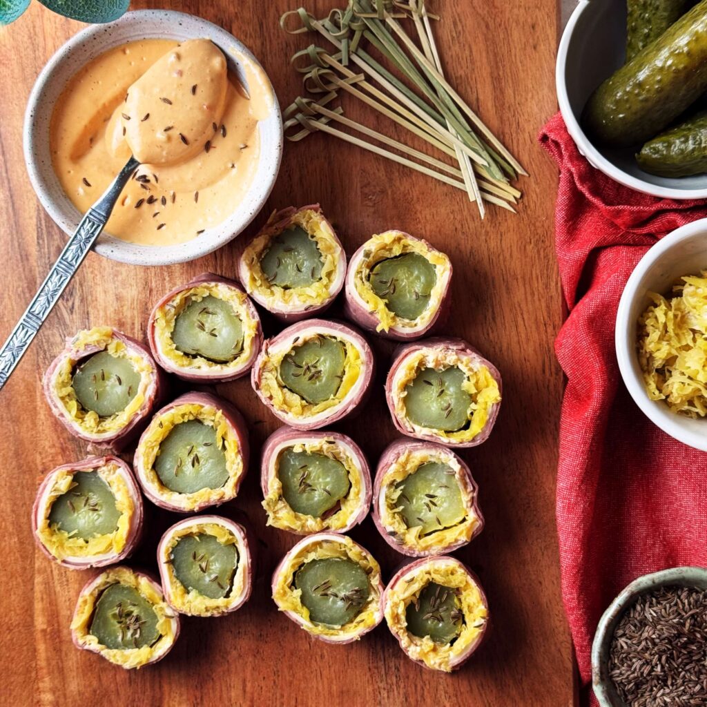 Reuben Dill pickle roll ups with Frank's Mustard Kraut