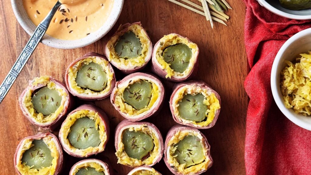 Reuben Dill Pickle Roll Ups with Mustard Kraut