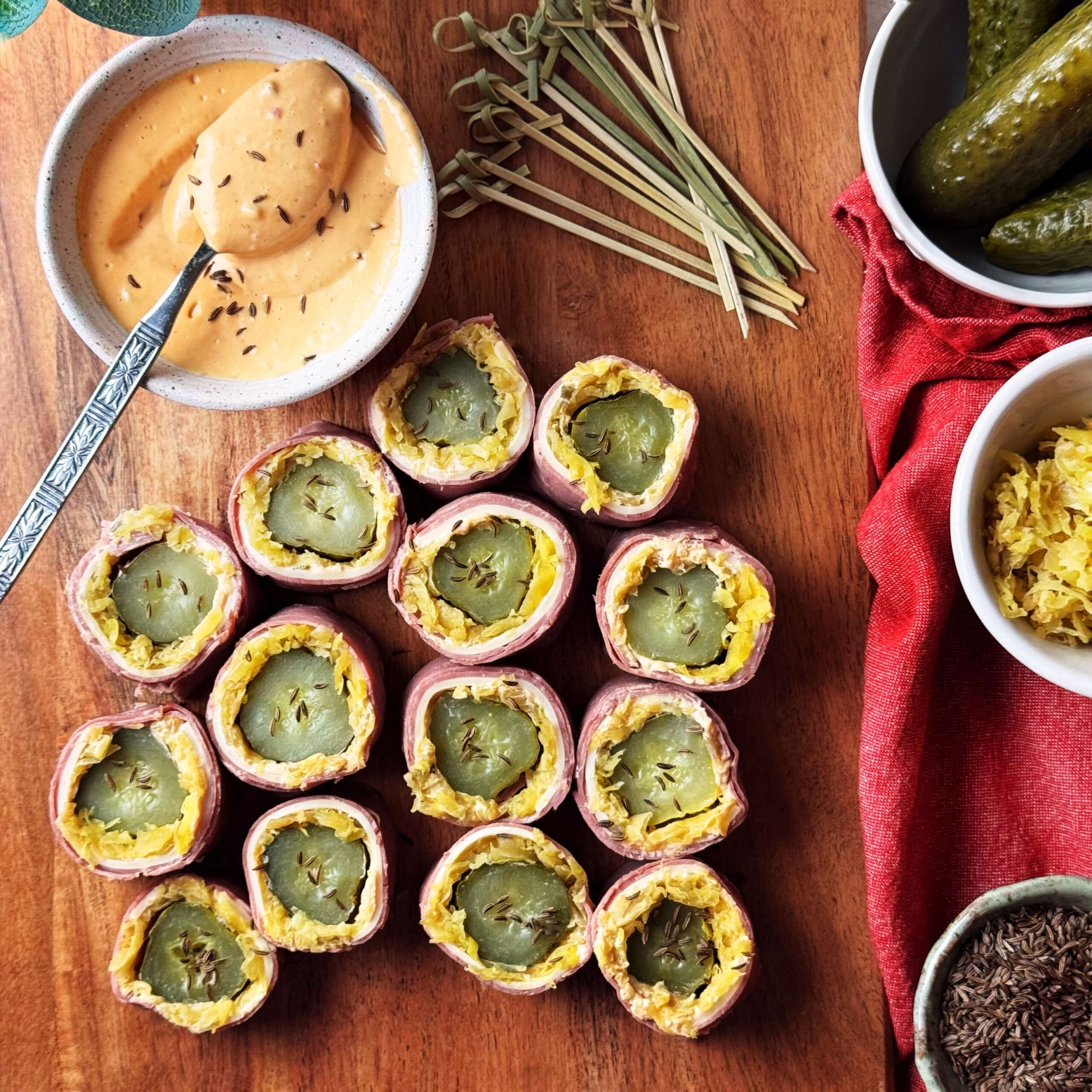 Reuben Dill Pickle Roll Ups with Mustard Kraut - Frank's Kraut