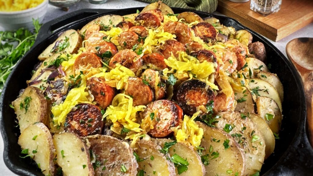 Smoked Sausage, Mustard Kraut, and Potato Skillet Meal