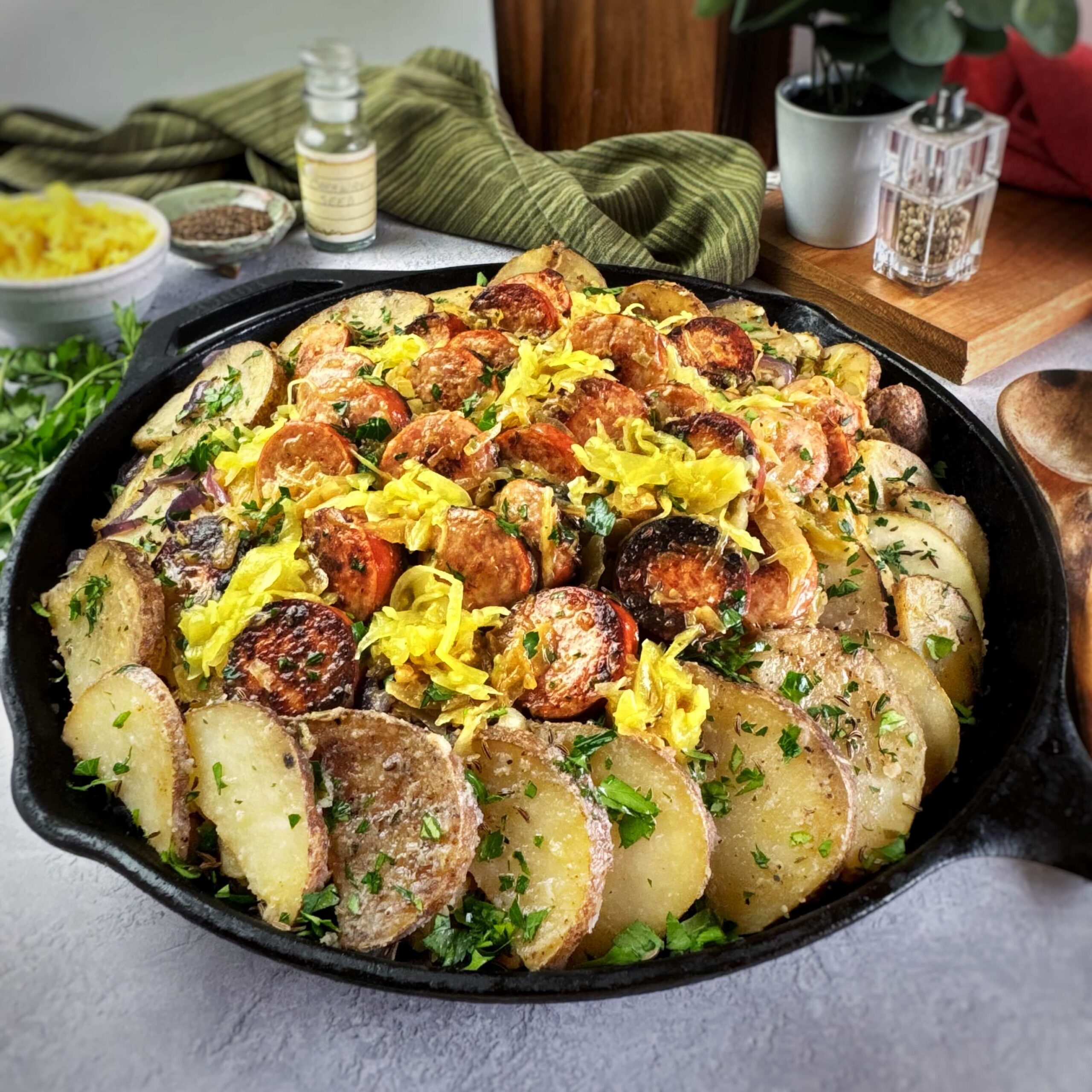 Smoked Sausage, Mustard Kraut, and Potato Skillet Meal - Frank's Kraut