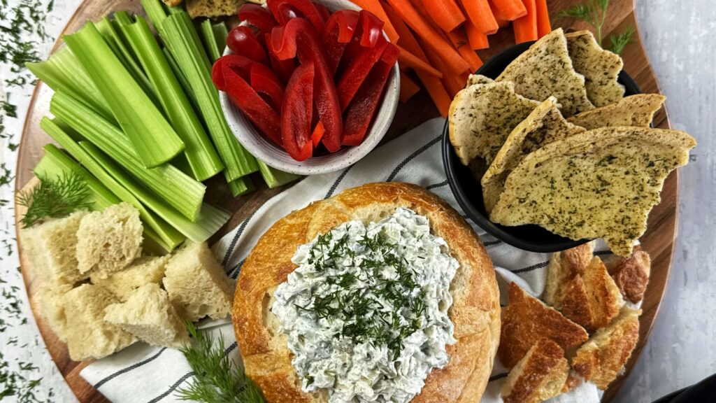 Kraut and Dill Pickle Dip in a Bread Bowl