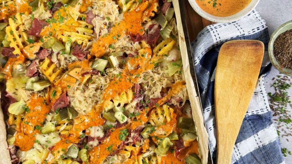 Loaded Reuben Waffle Fries with Zesty Thousand Island Dressing