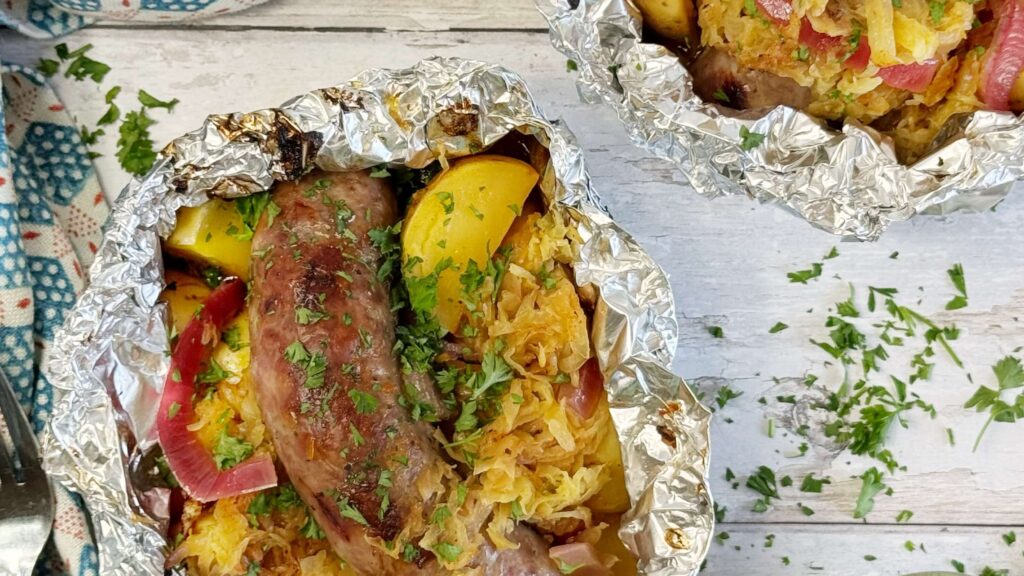 Bratwurst, Potato, and Mustard Kraut Foil Packets