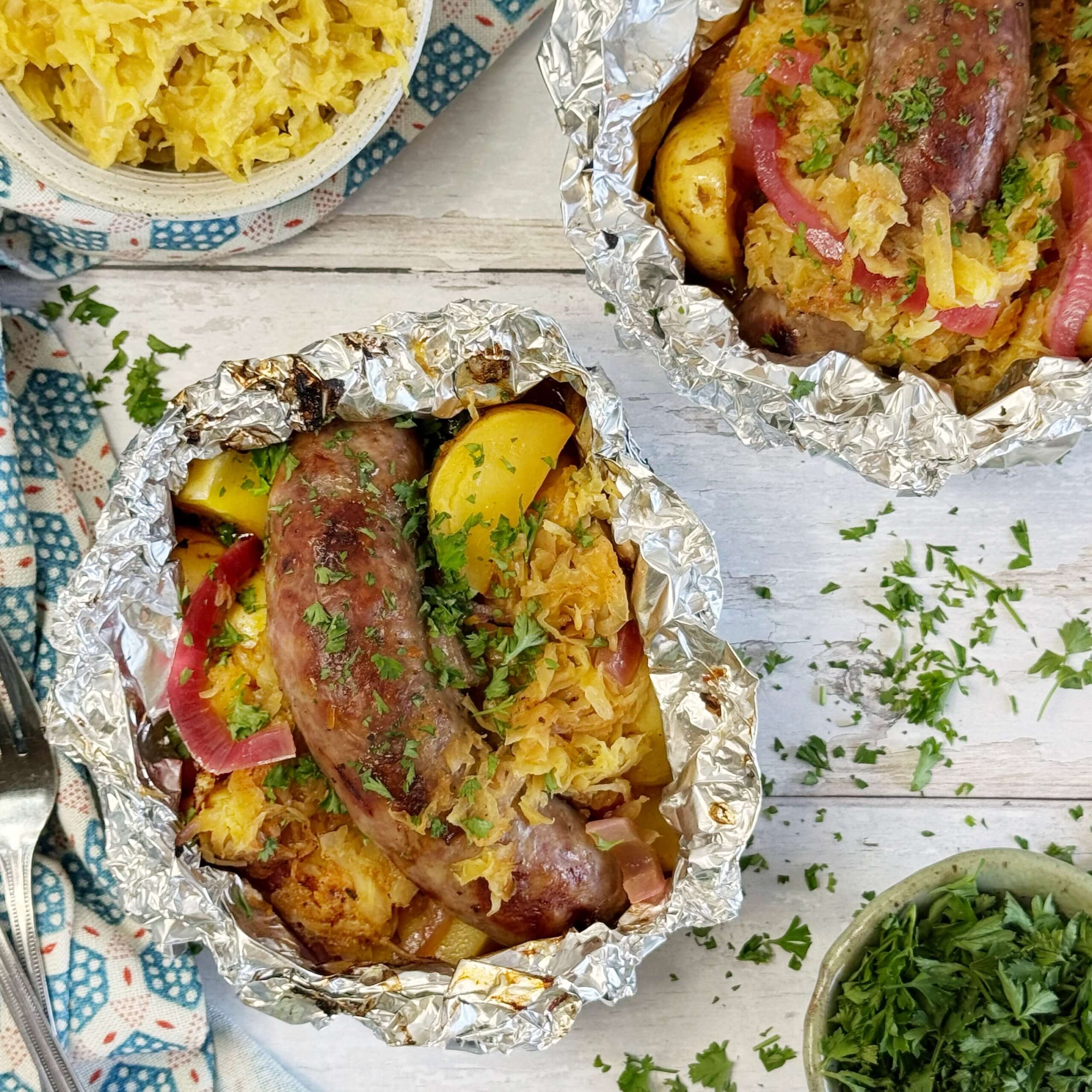 Bratwurst, Potato, and Mustard Kraut Foil Packets - Frank's Kraut