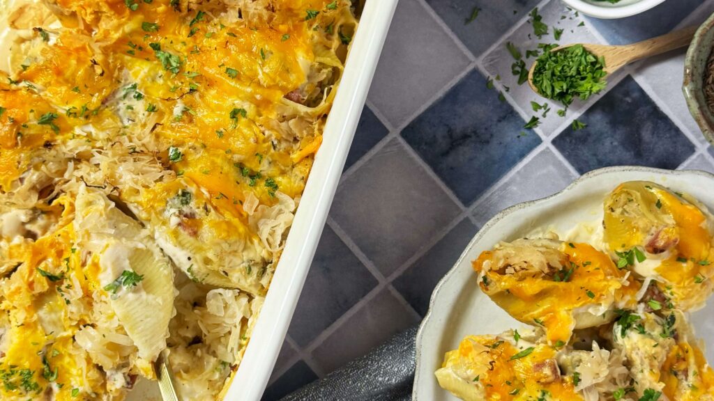 Pierogi Inspired Stuffed Shells with Kielbasa and Frank&rsquo;s Kraut