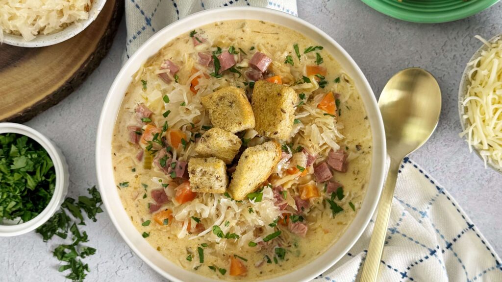 Creamy Reuben Soup with Sweet Bavarian Kraut and Rye Croutons
