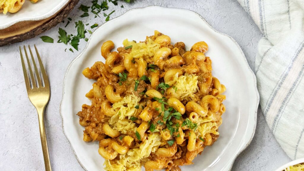 One-Pot Cheeseburger Pasta Skillet with Mustard Kraut