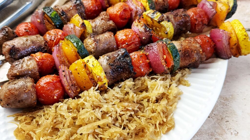 Bratwurst and Summer Vegetable Kabobs with BBQ Kraut