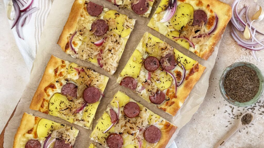 Potato, Kraut, and Smoked Sausage Pizza